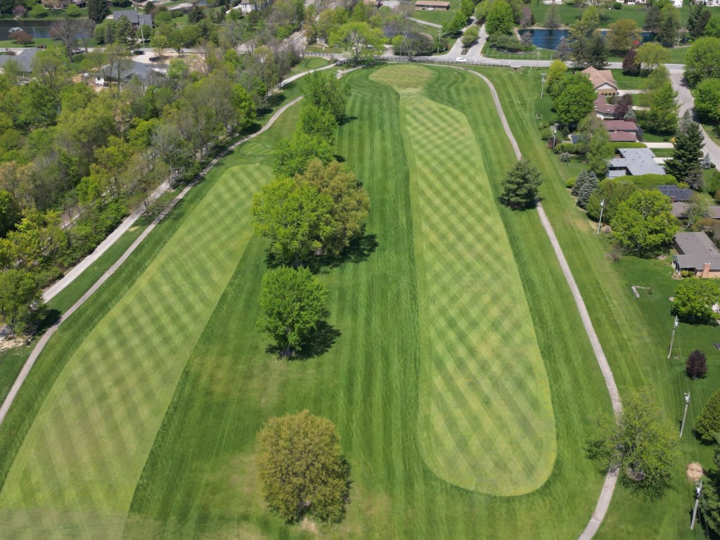 Aerial view of long fairways