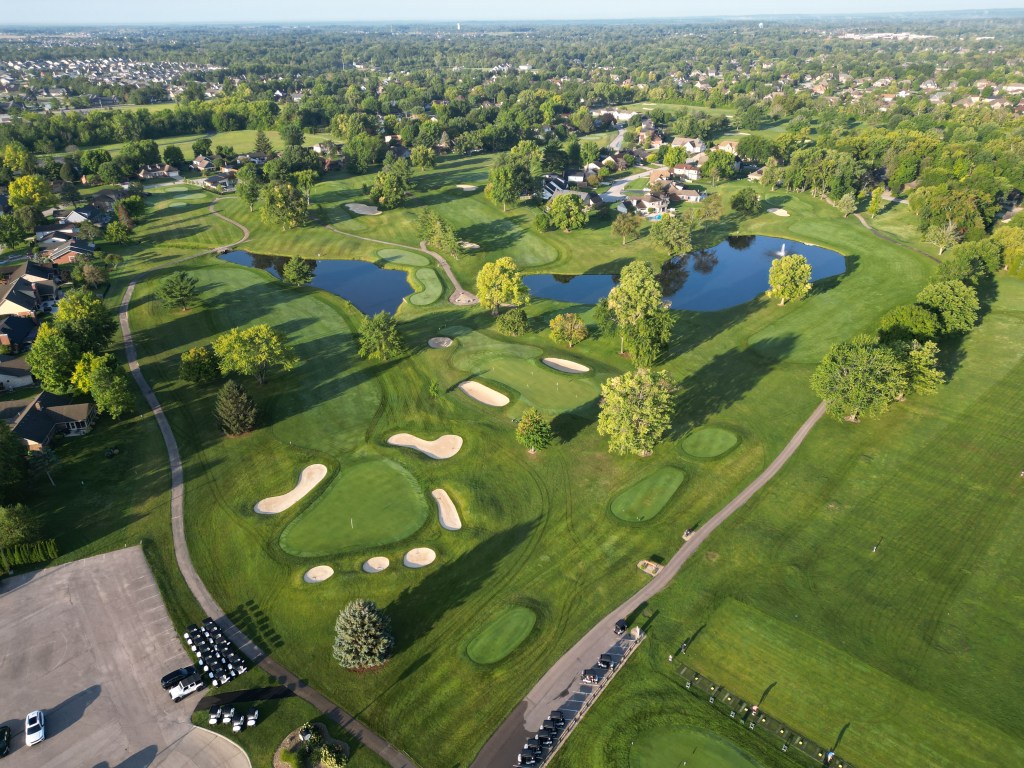 BIrds eye view of fairways, water hazards, trees, greens, and the horizon.